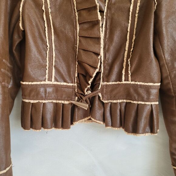 Y2K Luii Brown Faux Vegan Leather Ruffle Blazer Jacket. Sz L Crop Cinch Waist - Picture 9 of 11